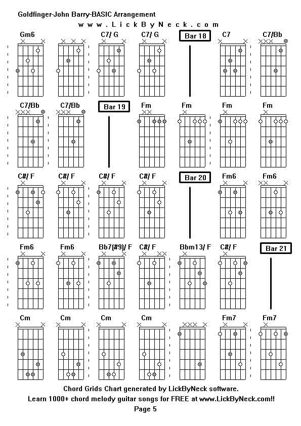 Chord Grids Chart of chord melody fingerstyle guitar song-Goldfinger-John Barry-BASIC Arrangement,generated by LickByNeck software.